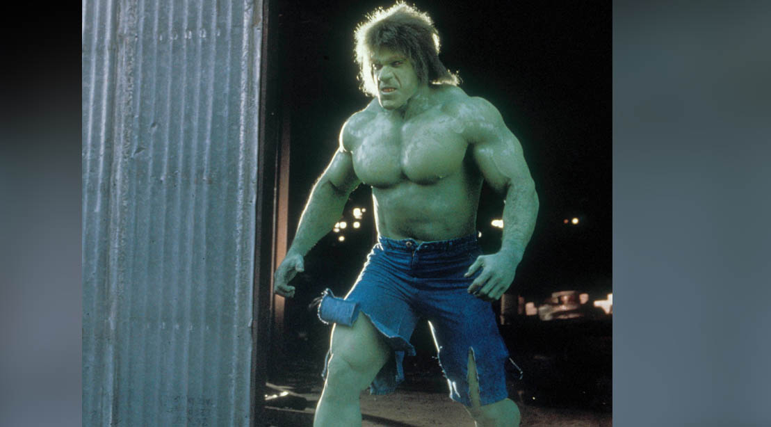 Actor Lou Ferrigno dressed up as the Hulk on the TV series The Incredible Hulk