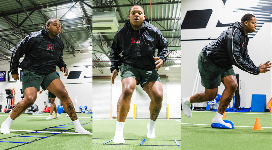 NFL linebacker for the New England Patriots Trent Brown working out in a NFL training facility