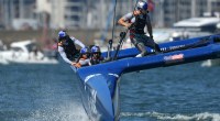 SailGP's sailor Jimmy Spithill navigating a F50 catamaran in a sailing competition