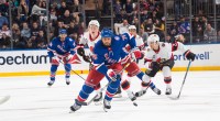 NHL NY Rangers Hockey player Ryan Reaves with a fast break away